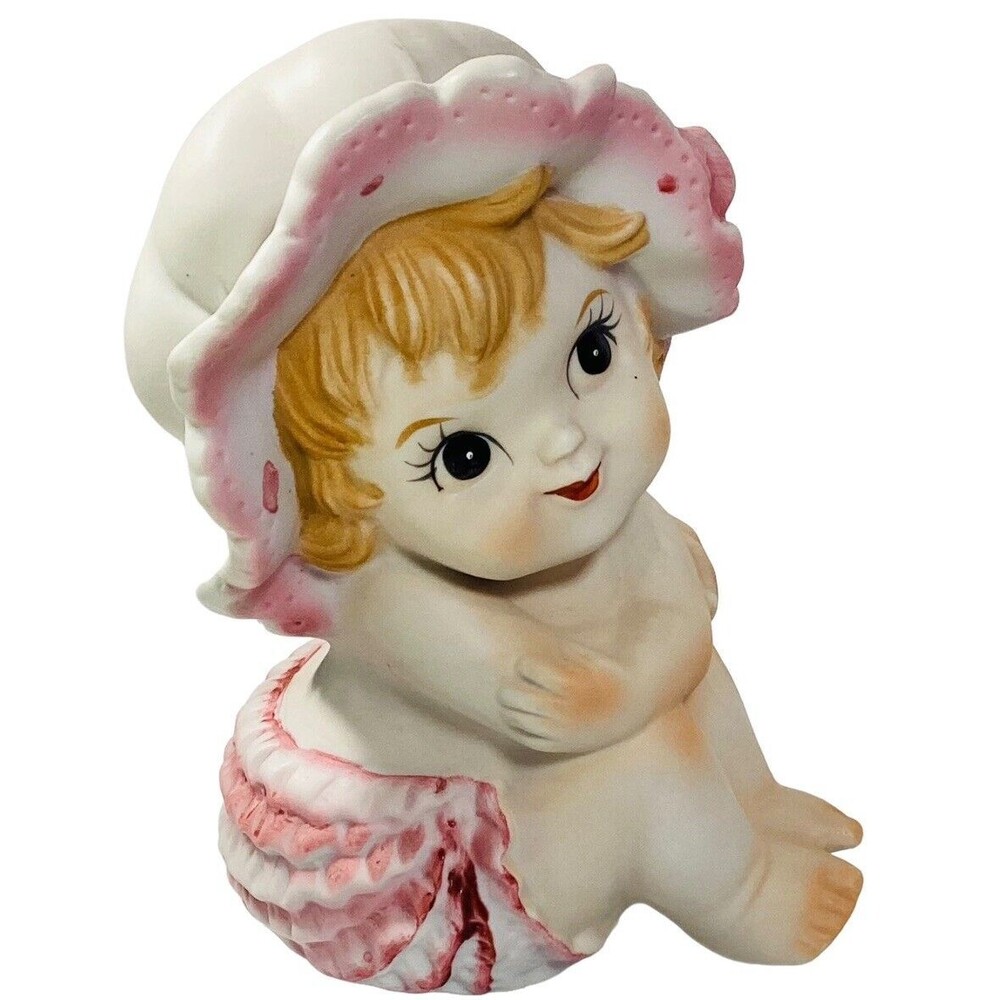 Piano Baby Girl Matte Bisque Figurine Beach Pink White Ruffles And Hat